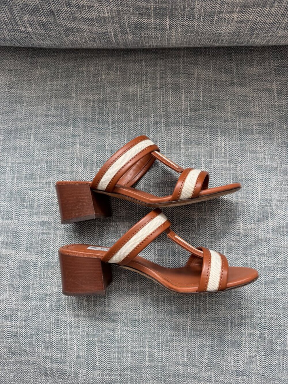 Tod's Double T Heeled Sandal | Brown Leather & Ivory White Canvas | Size 36 6 - Picture 8 of 10